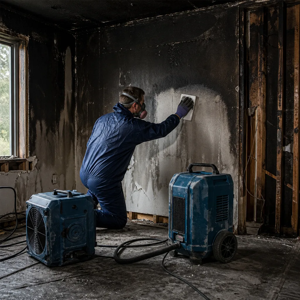 Technician performing fire and smoke damage restoration on a charred wall