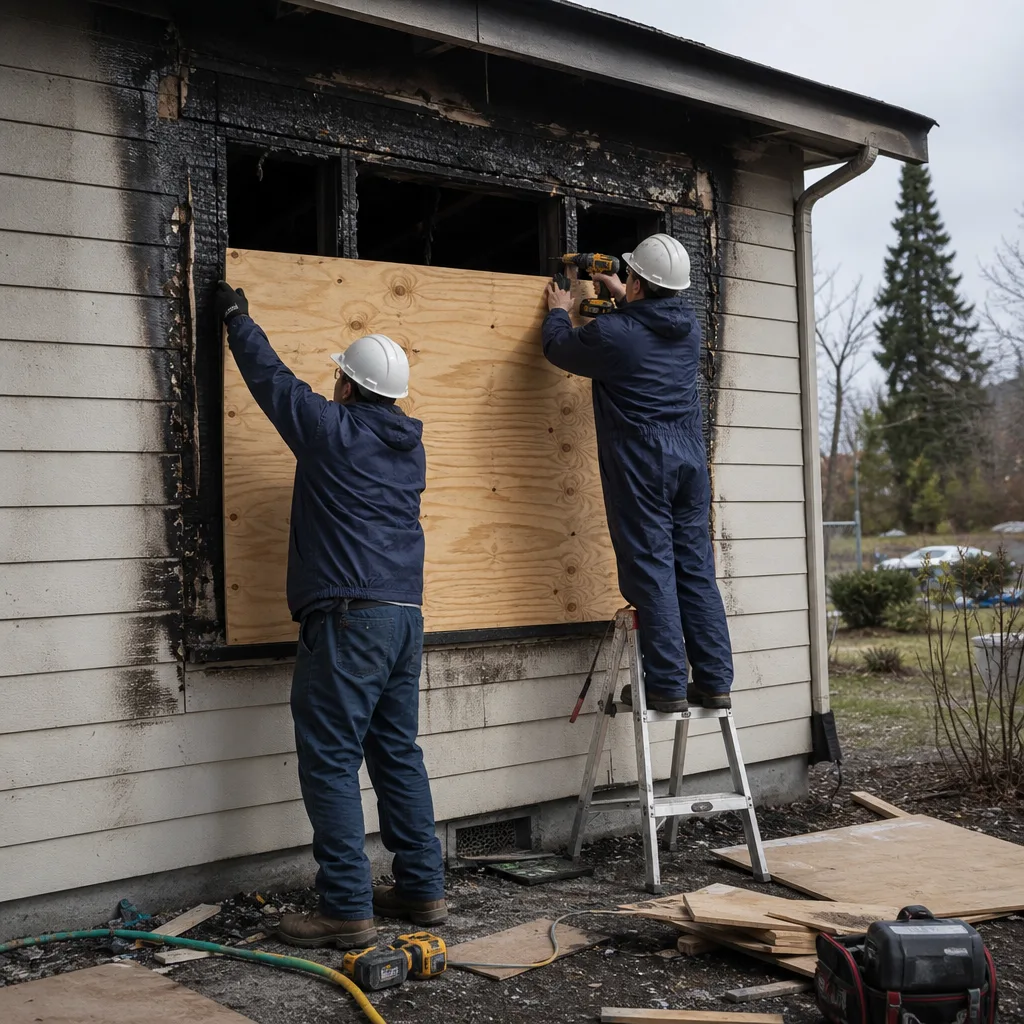Two professionals boarding up a fire-damaged window on a house
