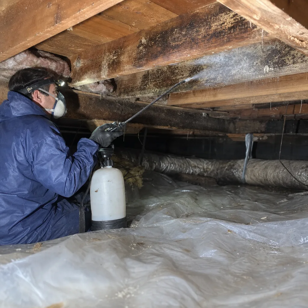 Professional technician performing mold remediation treatment in a crawl space
