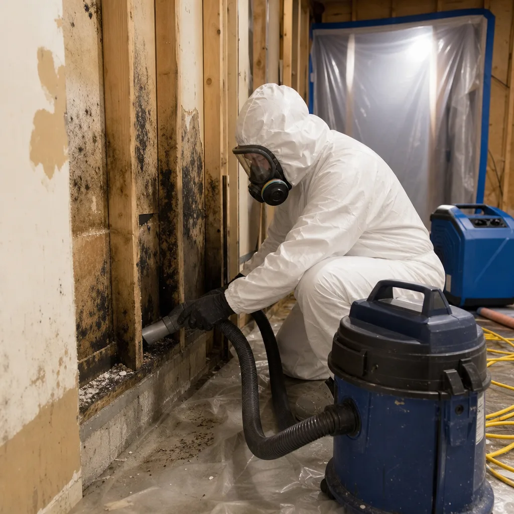 Technician in protective suit removing toxic mold from residential wall studs