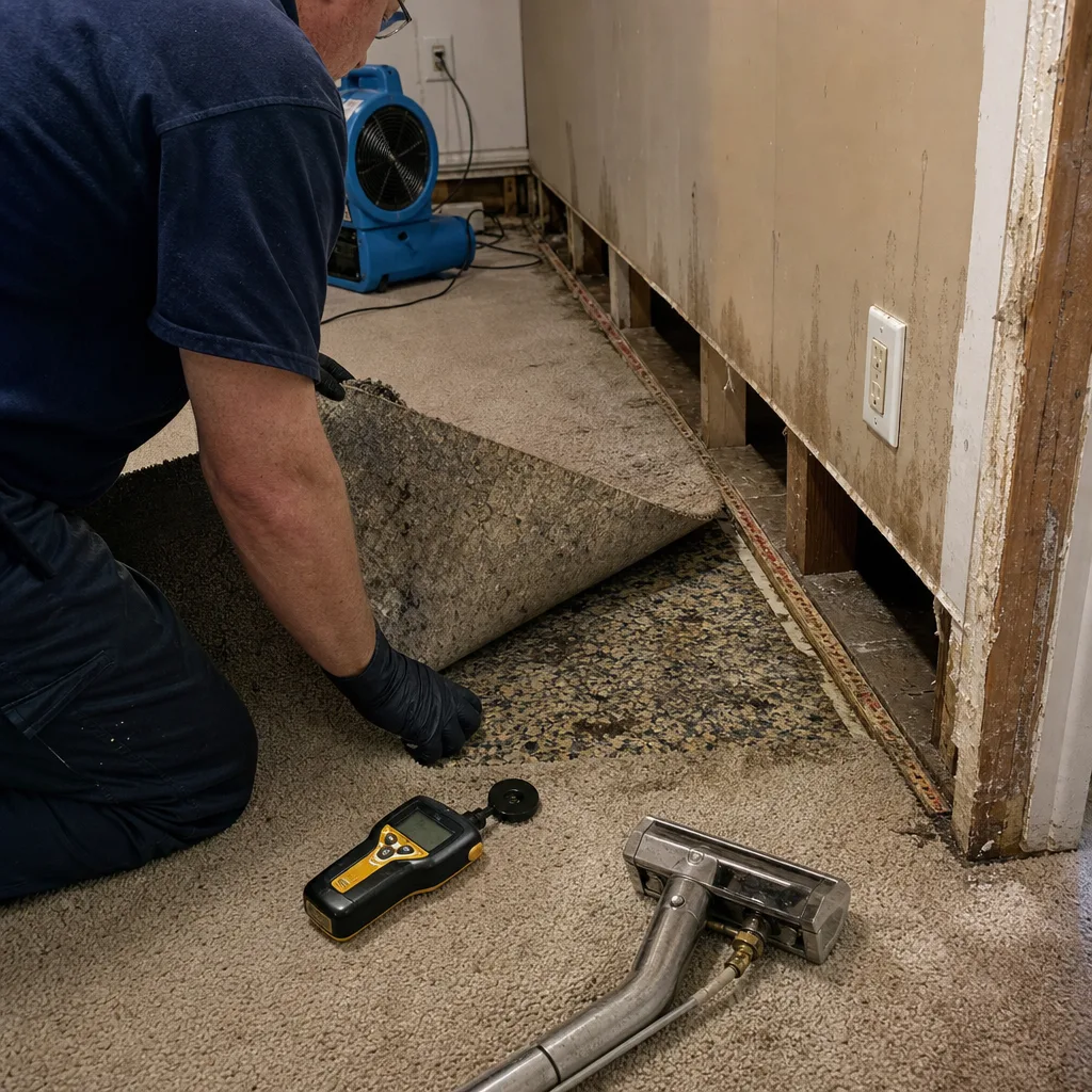 Professional performing water damage restoration and moisture inspection on residential carpet