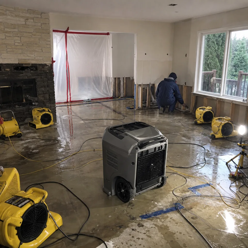 Water damage restoration technician using professional drying equipment in a residential room.